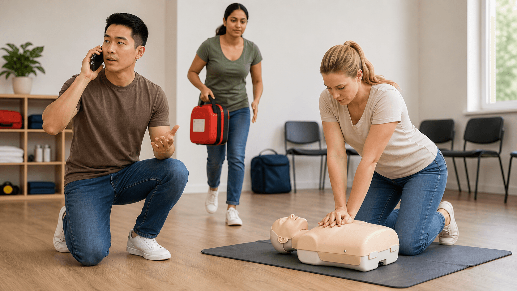 A team practising an emergency response scenario together